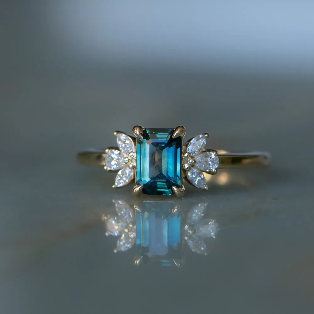 0.99ct Untreated Emerald Cut Blue Parti Sapphire and Lab Grown Diamond Cluster Ring in 14k Yellow Gold