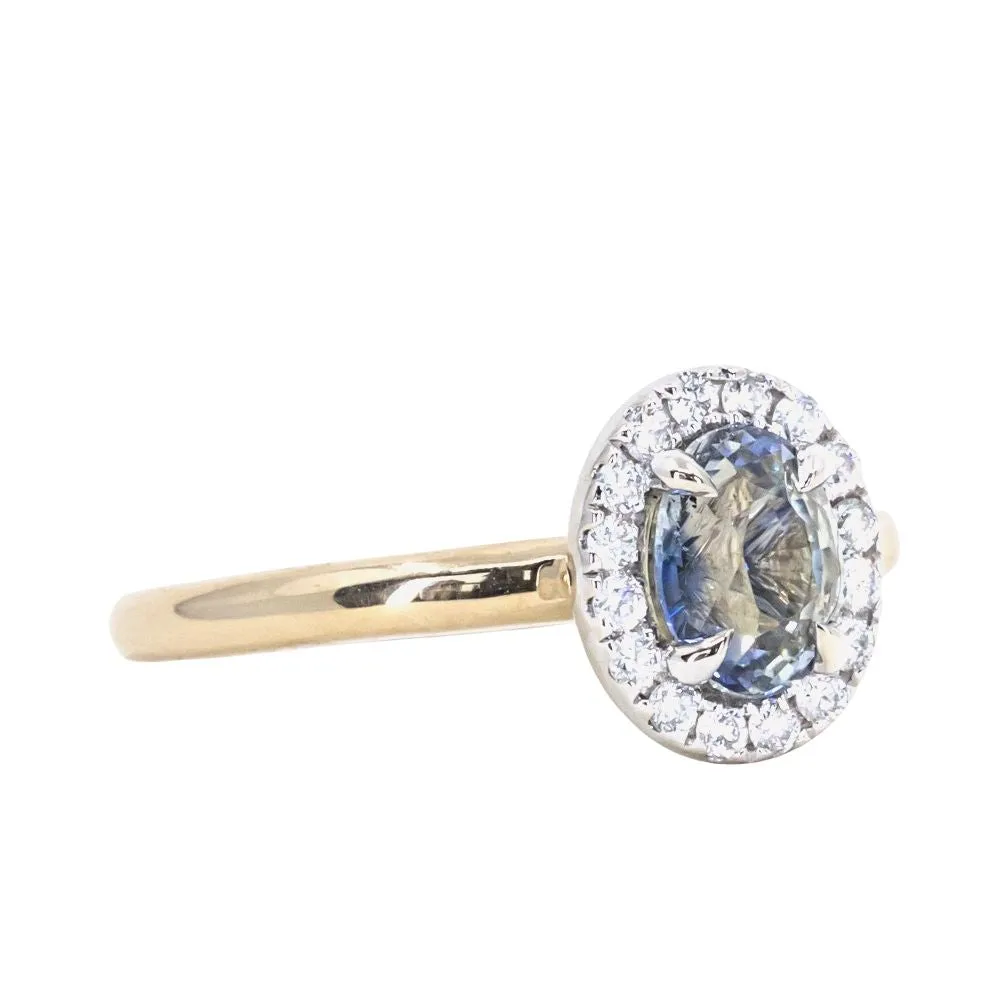 1.05ct Oval Parti Sapphire and Two-Tone 14k Yellow and White Gold Stackable Halo Ring