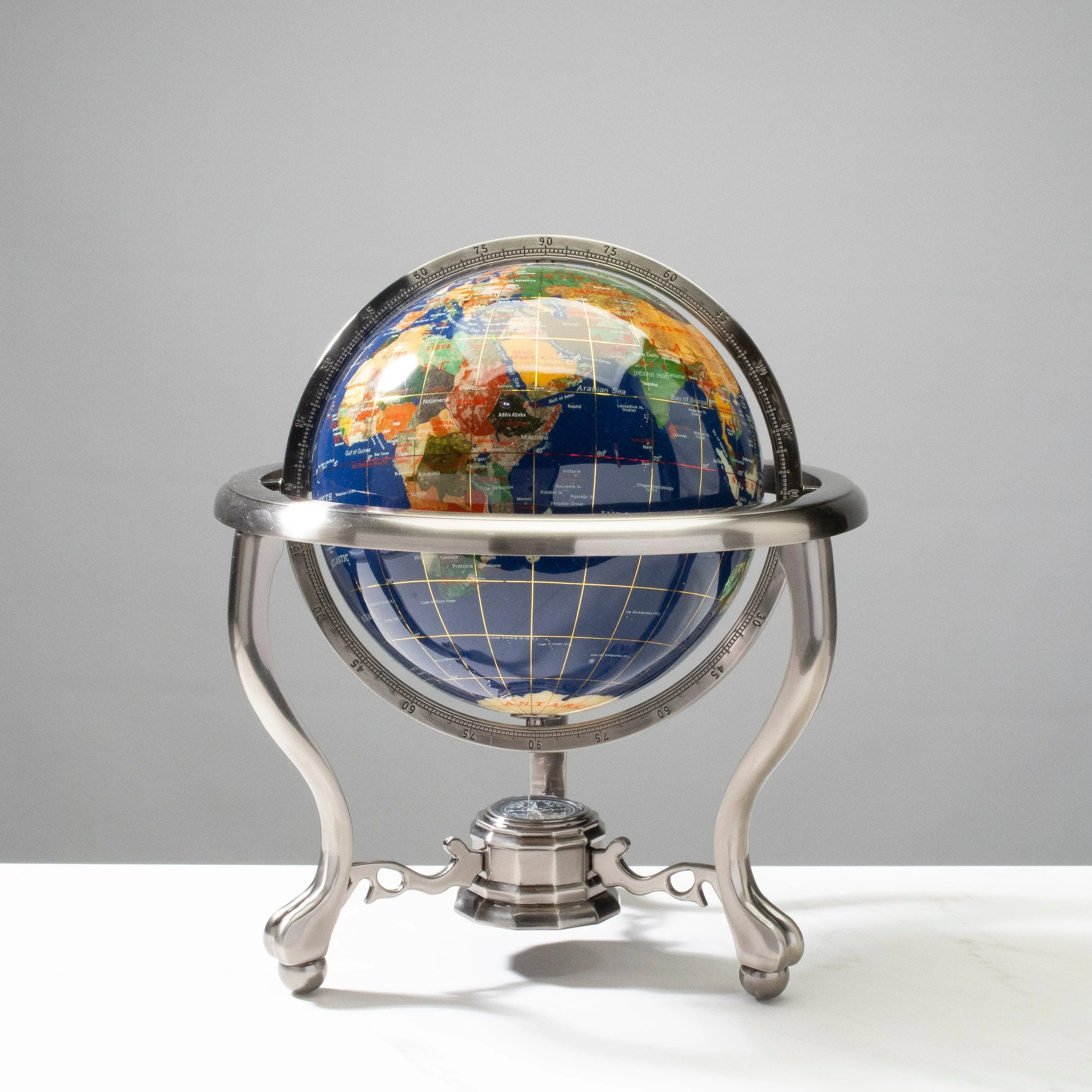 14” Tall Gemstone Globe with 9” Lapis Ocean on Antique Silver Stand