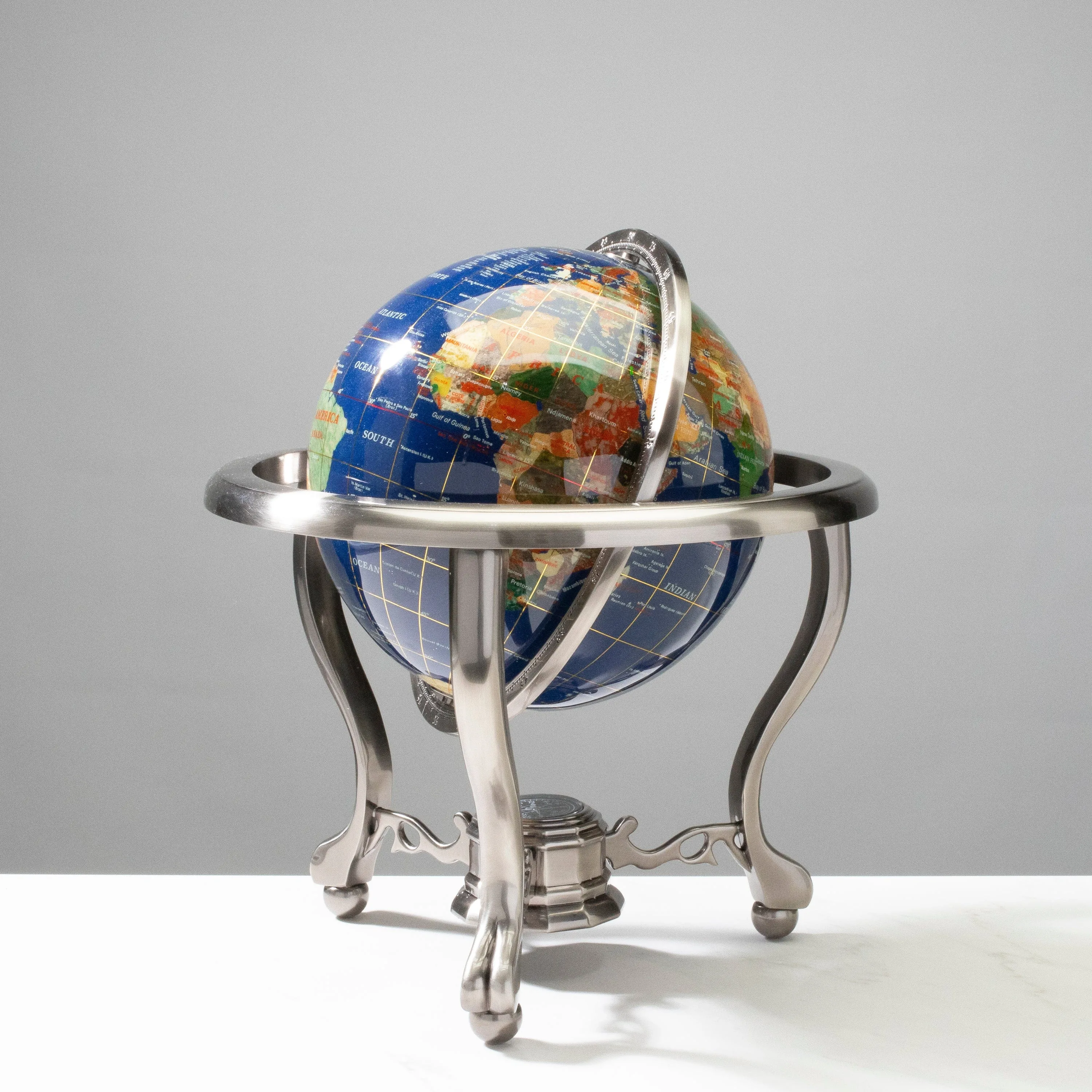 14” Tall Gemstone Globe with 9” Lapis Ocean on Antique Silver Stand