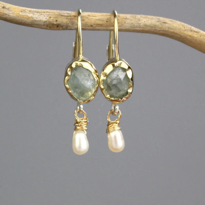 14K Gold Aquamarine Pearl Earrings