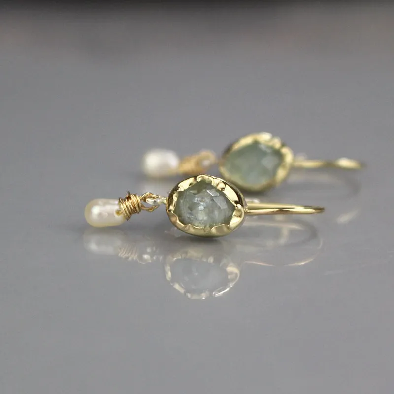 14K Gold Aquamarine Pearl Earrings