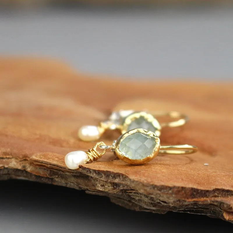 14K Gold Aquamarine Pearl Earrings