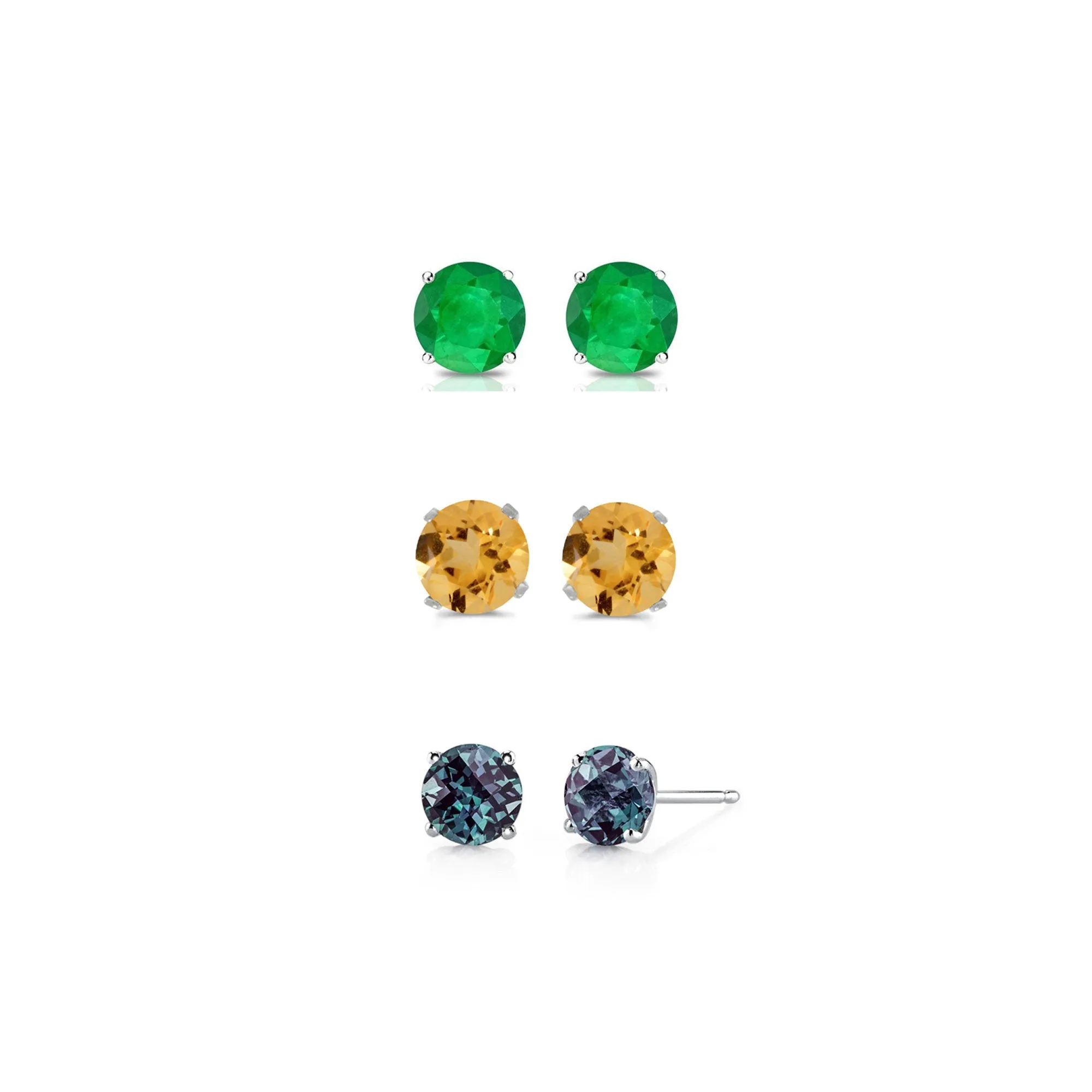 14k White Gold Plated 1/2Ct Created Emerald, Citrine and Alexandrite 3 Pair Round Stud Earrings