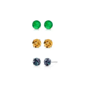 14k White Gold Plated 1/2Ct Created Emerald, Citrine and Alexandrite 3 Pair Round Stud Earrings