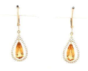 14K Yellow Citrine and Natural Diamond Dangle Earrings