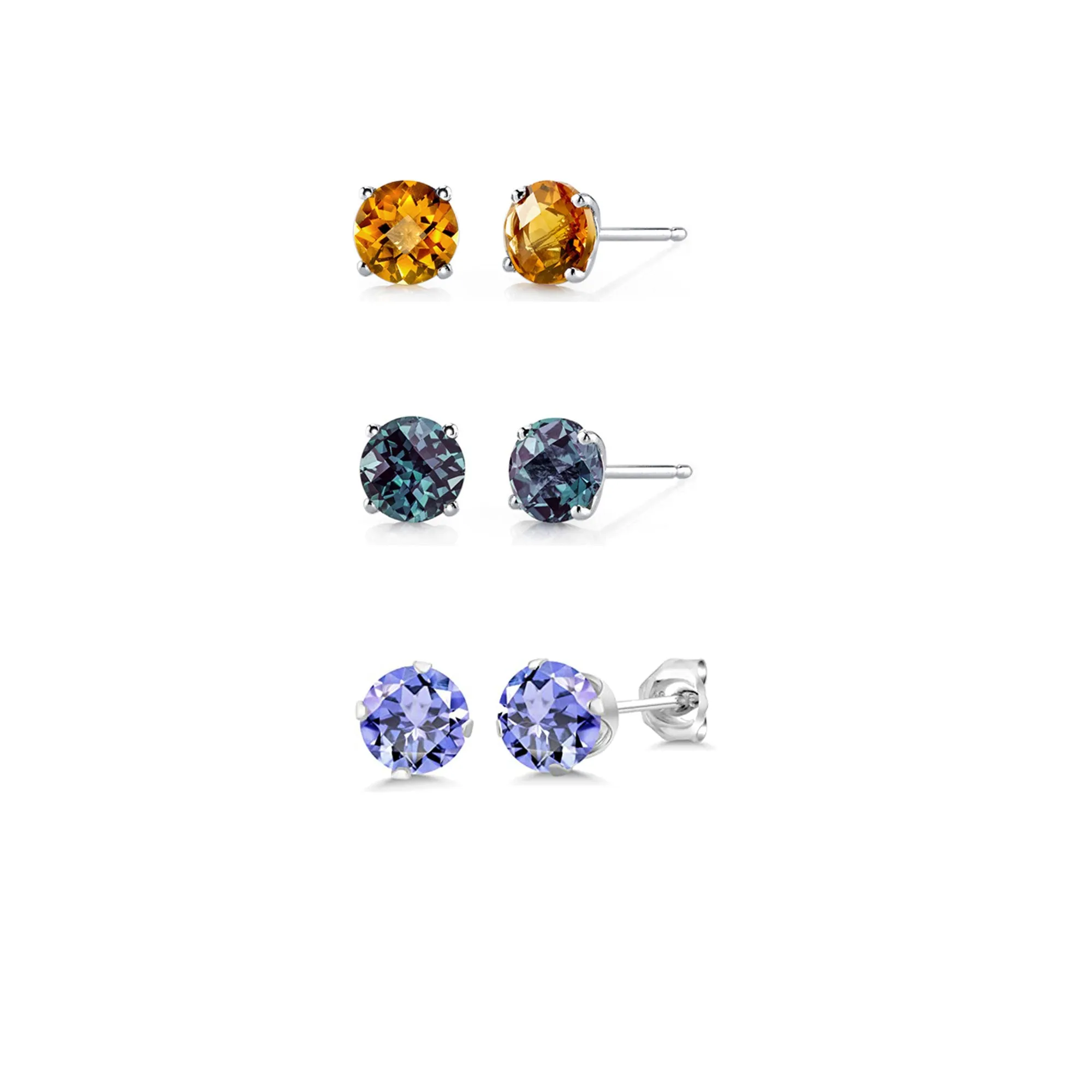 18k White Gold Plated 1Ct Created Citrine, Alexandrite and Tanzanite 3 Pair Round Stud Earrings