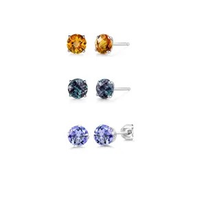 18k White Gold Plated 1Ct Created Citrine, Alexandrite and Tanzanite 3 Pair Round Stud Earrings