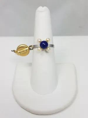 1970s New Old Stock! 18k White Gold French Sobe Lapis Pearl Ring