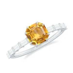 2 CT Asscher Cut Citrine Solitaire Ring with Moissanite Side Stones