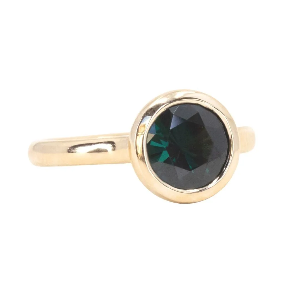 2.10ct Deep Teal Sapphire Contemporary Bezel Set Ring in 14k Yellow Gold