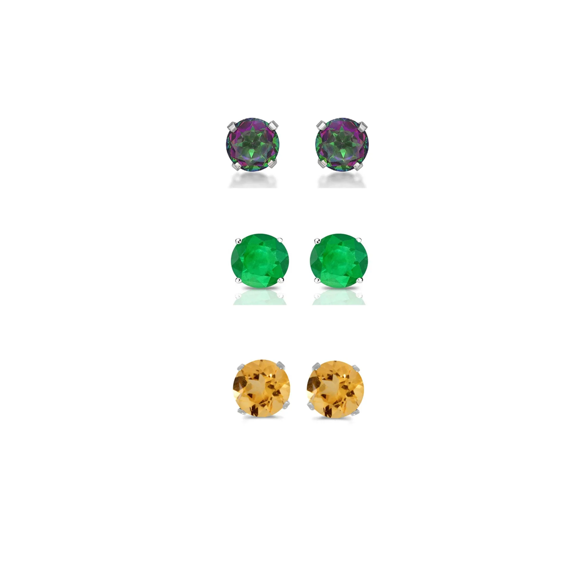 24k White Gold Plated 1/2Ct Created Mystic Topaz, Emerald and Citrine 3 Pair Round Stud Earrings