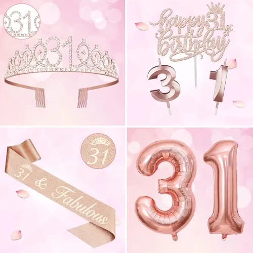 31 Birthday Decorations for Women Including 31st Birthday Sash, Crown/Tiara, Candles and Cake Toppers, Number 31 Balloons, 31st Birthday Gifts for Women Birthday Decorations Favor Supplies