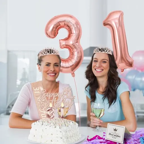 31 Birthday Decorations for Women Including 31st Birthday Sash, Crown/Tiara, Candles and Cake Toppers, Number 31 Balloons, 31st Birthday Gifts for Women Birthday Decorations Favor Supplies