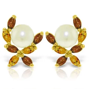 3.25 Carat 14K Solid Yellow Gold Stud Earrings Garnet, Citrine Pearl