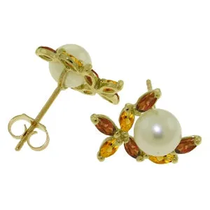 3.25 Carat 14K Solid Yellow Gold Stud Earrings Garnet, Citrine Pearl