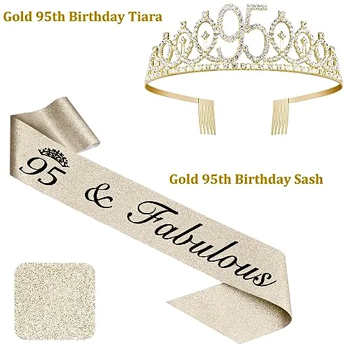 95th Birthday Party Decorations with 12oz Wine Coffee Tumbler Mug, 95th Birthday Decorations Women Crown, Sash, Cake Topper and 95th Birthday Candles, 95th Birthday Gifts Idea