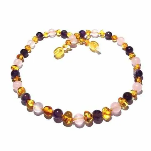 Adult Tara Honey Baltic Amber Amethyst Rose Quartz Necklace