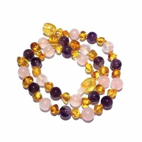 Adult Tara Honey Baltic Amber Amethyst Rose Quartz Necklace