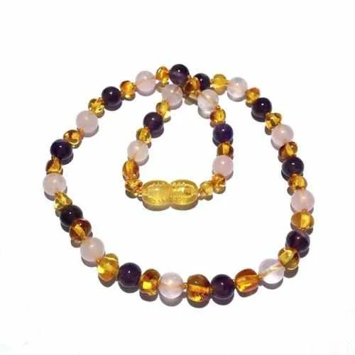 Adult Tara Honey Baltic Amber Amethyst Rose Quartz Necklace