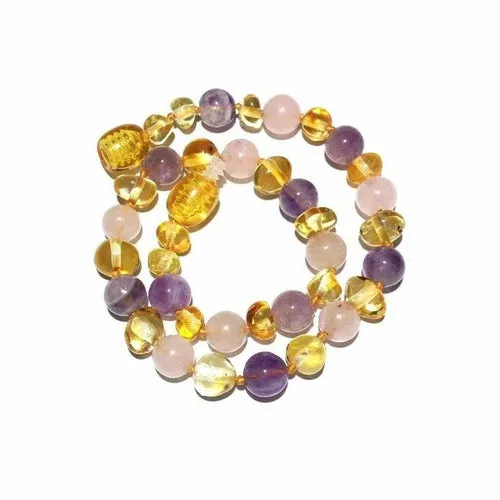 Adult Tara Honey Baltic Amber Amethyst Rose Quartz Necklace