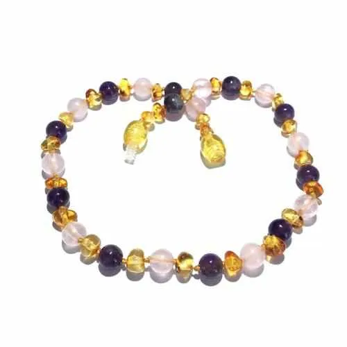 Adult Tara Honey Baltic Amber Amethyst Rose Quartz Necklace