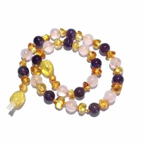 Adult Tara Honey Baltic Amber Amethyst Rose Quartz Necklace