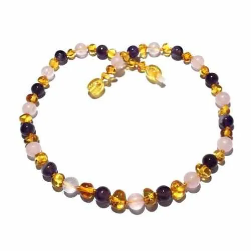 Adult Tara Honey Baltic Amber Amethyst Rose Quartz Necklace