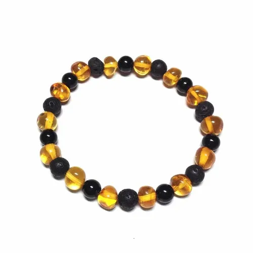 Adult Zeus Honey Polished Baltic Amber Lava Stone Shungite Beads Stretch Bracelet