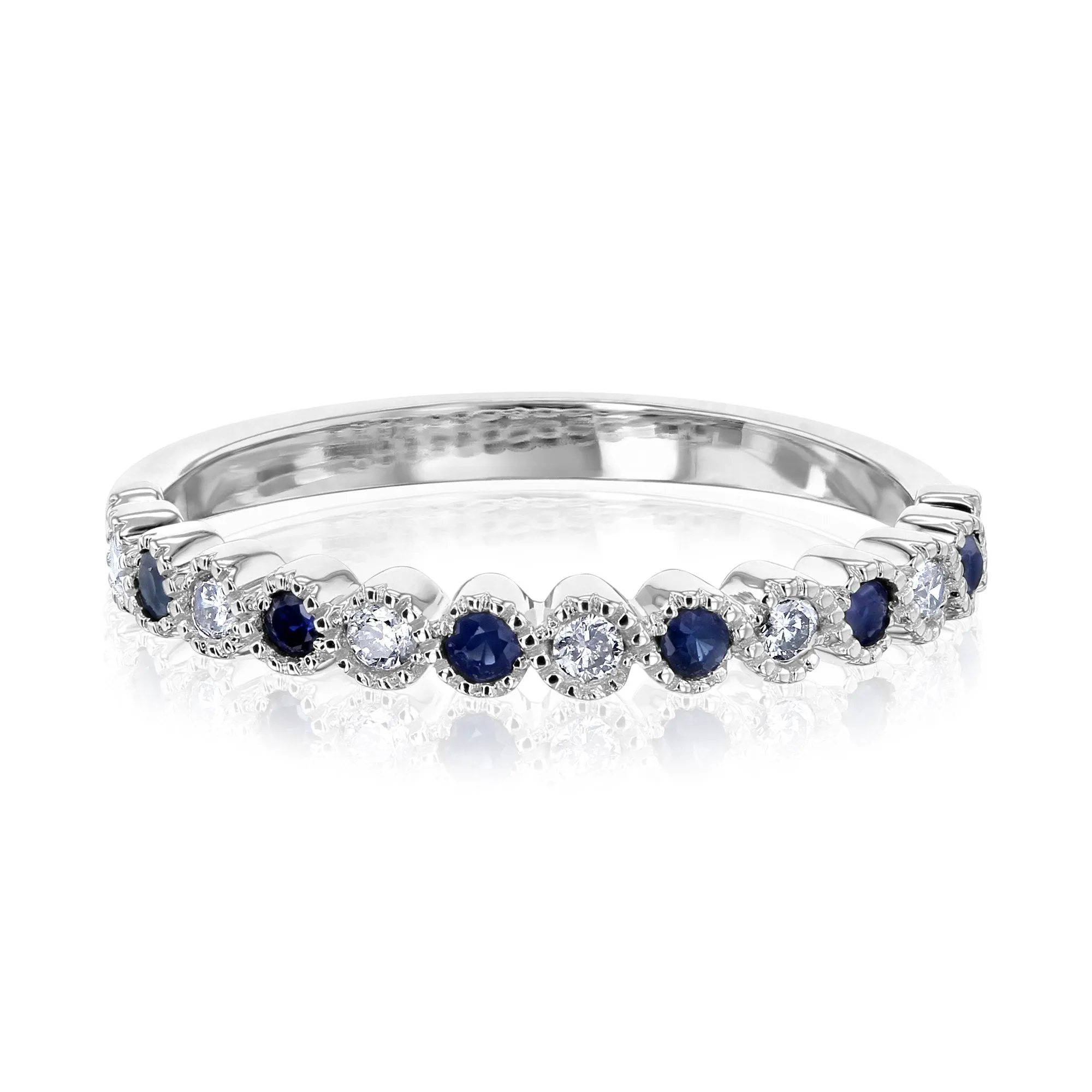 Alternating Diamond and Sapphire Milgrain Band