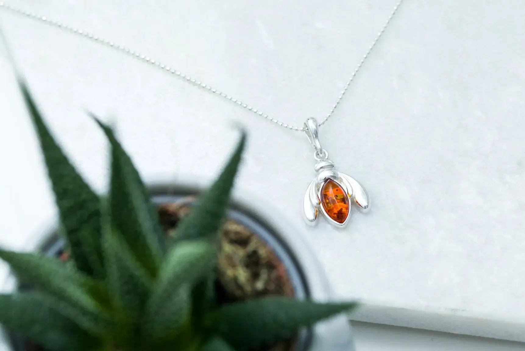 Amber Bumble Bee Charm Necklace - Sterling Silver Pendant with Baltic Amber Gemstone