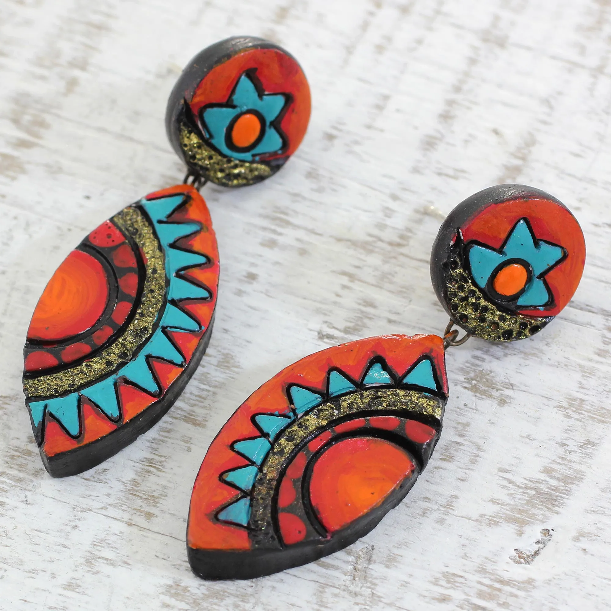 Ancient Inspiration Colorful Ceramic Dangle Earrings by Indian Artisans