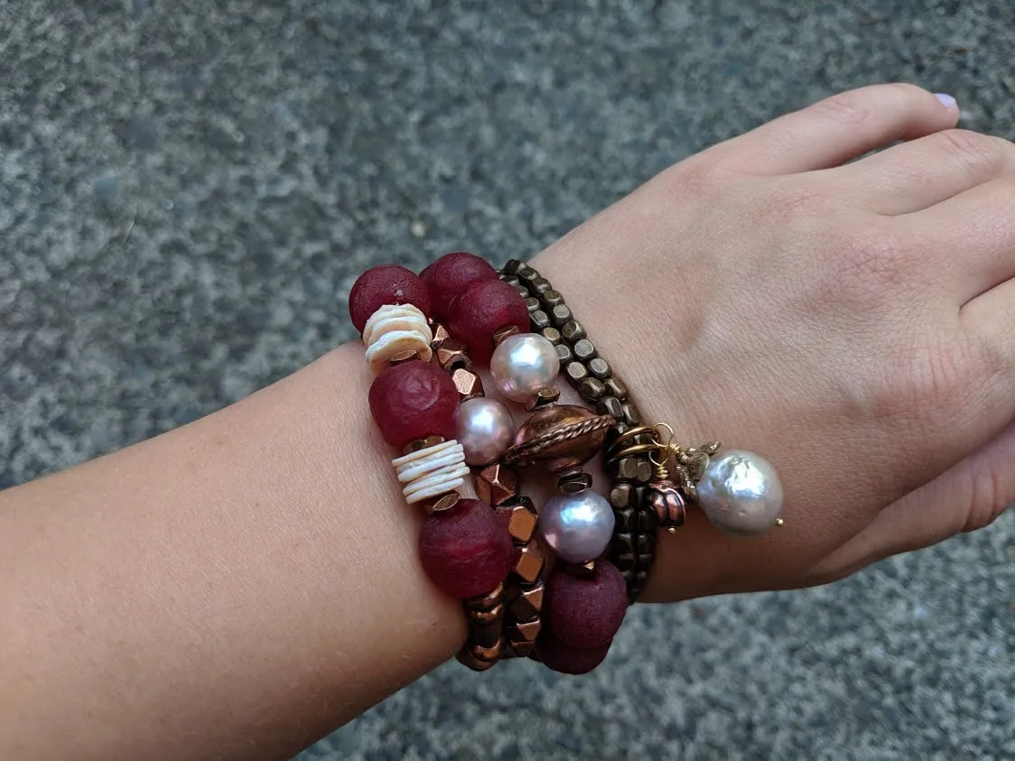 Antique Copper Elastic Double Bracelet with Pearl & Rose Charm