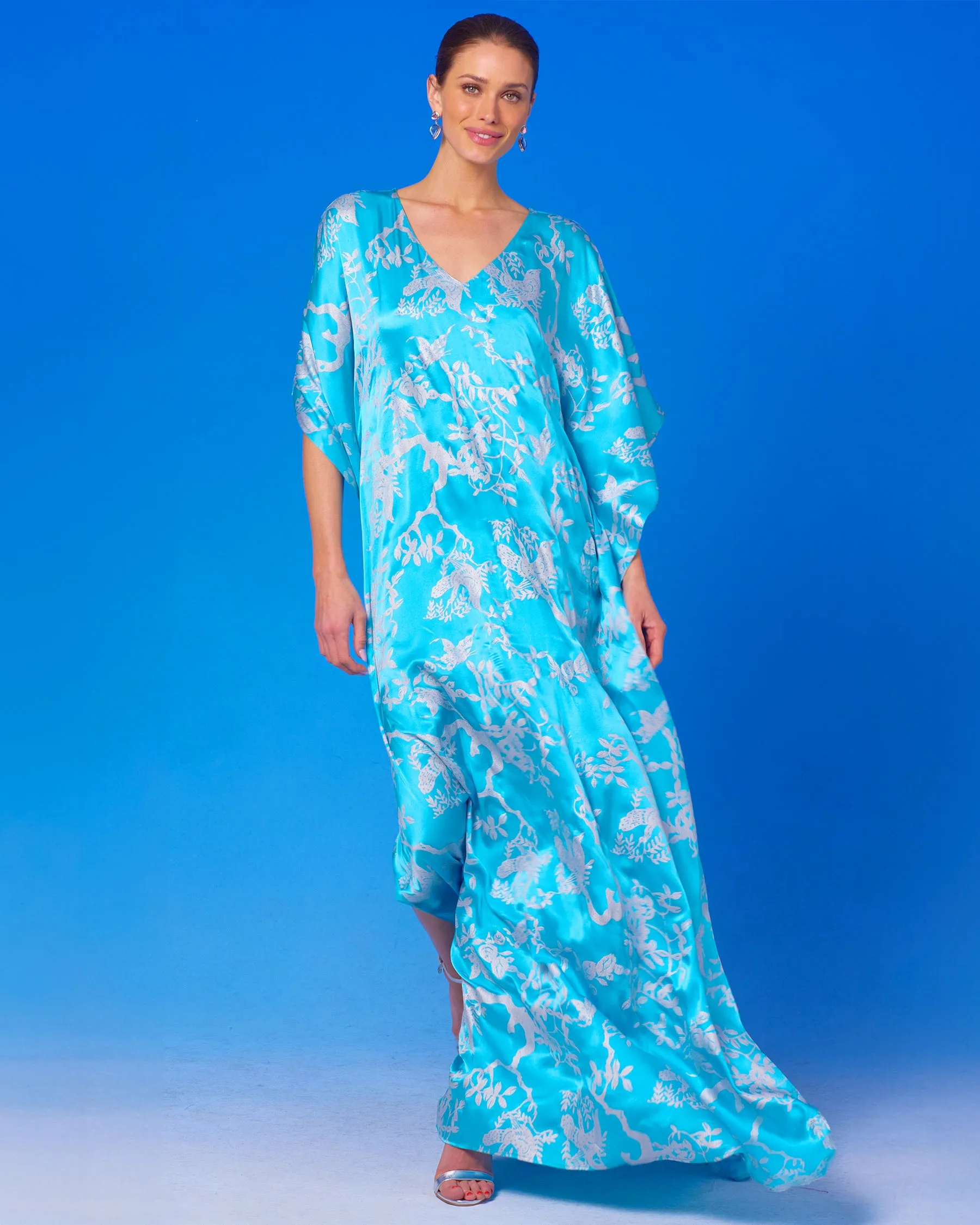 Ava Silk Kaftan in Turquoise and Silver Motif