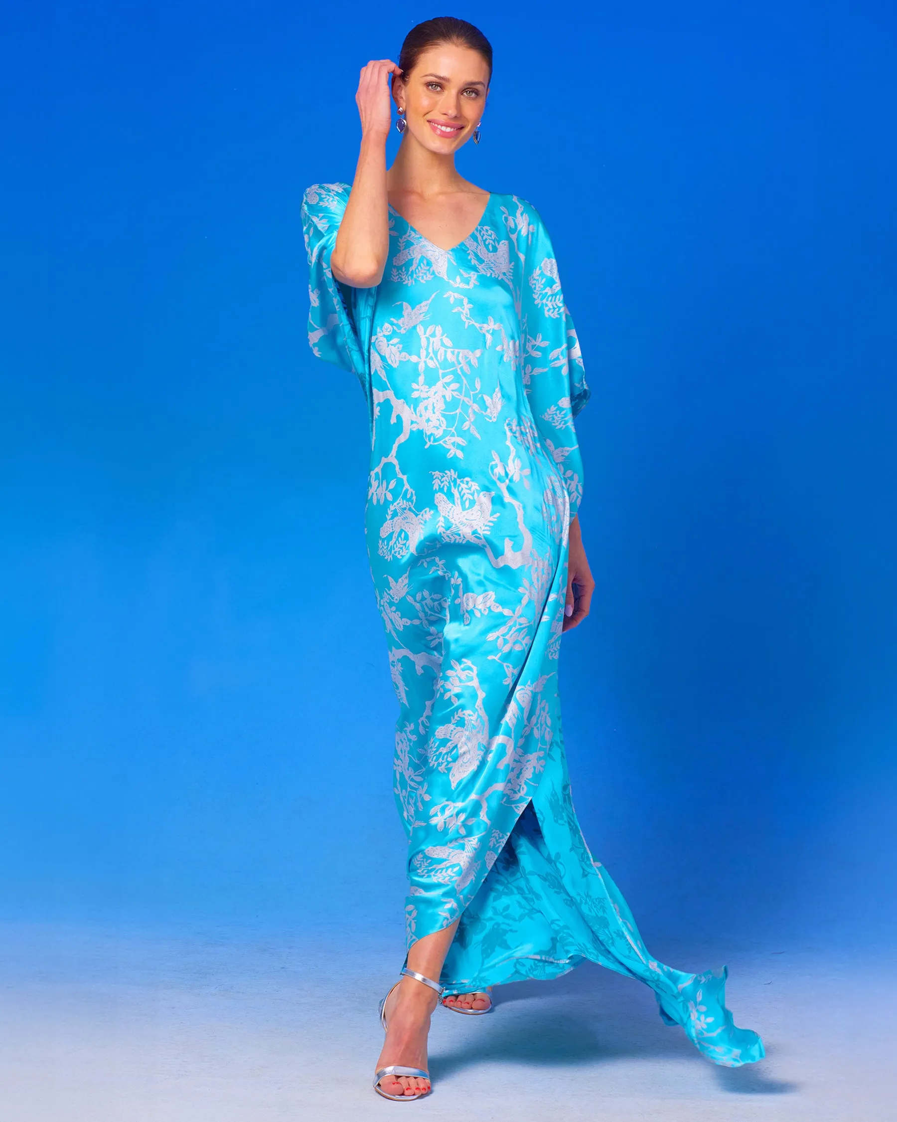 Ava Silk Kaftan in Turquoise and Silver Motif