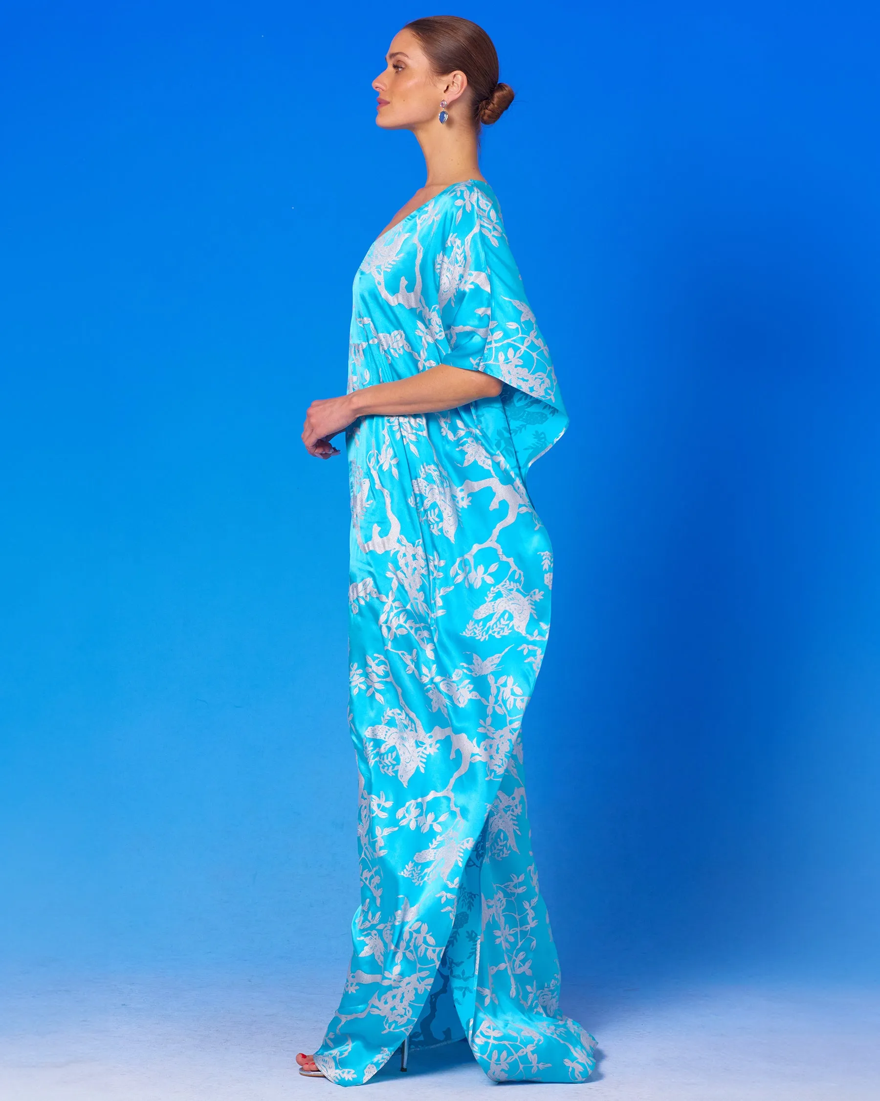 Ava Silk Kaftan in Turquoise and Silver Motif