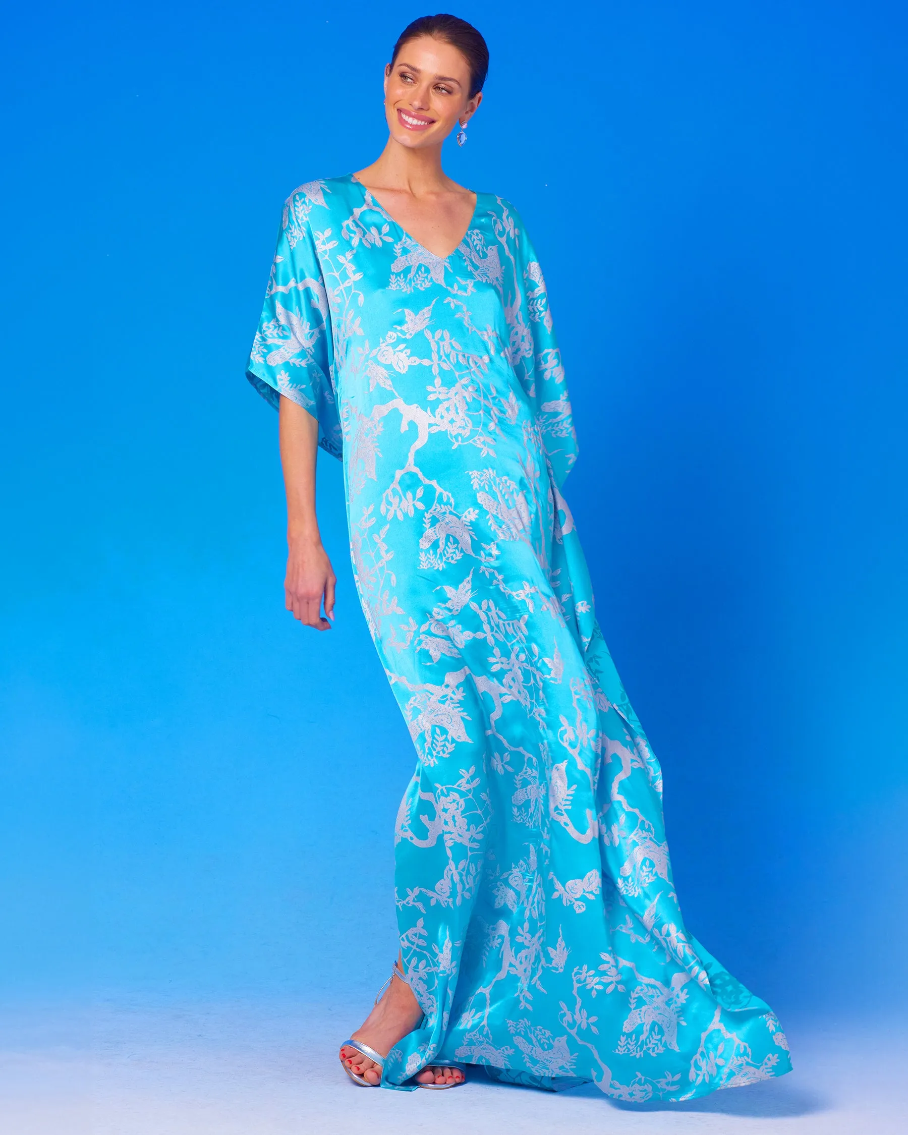 Ava Silk Kaftan in Turquoise and Silver Motif