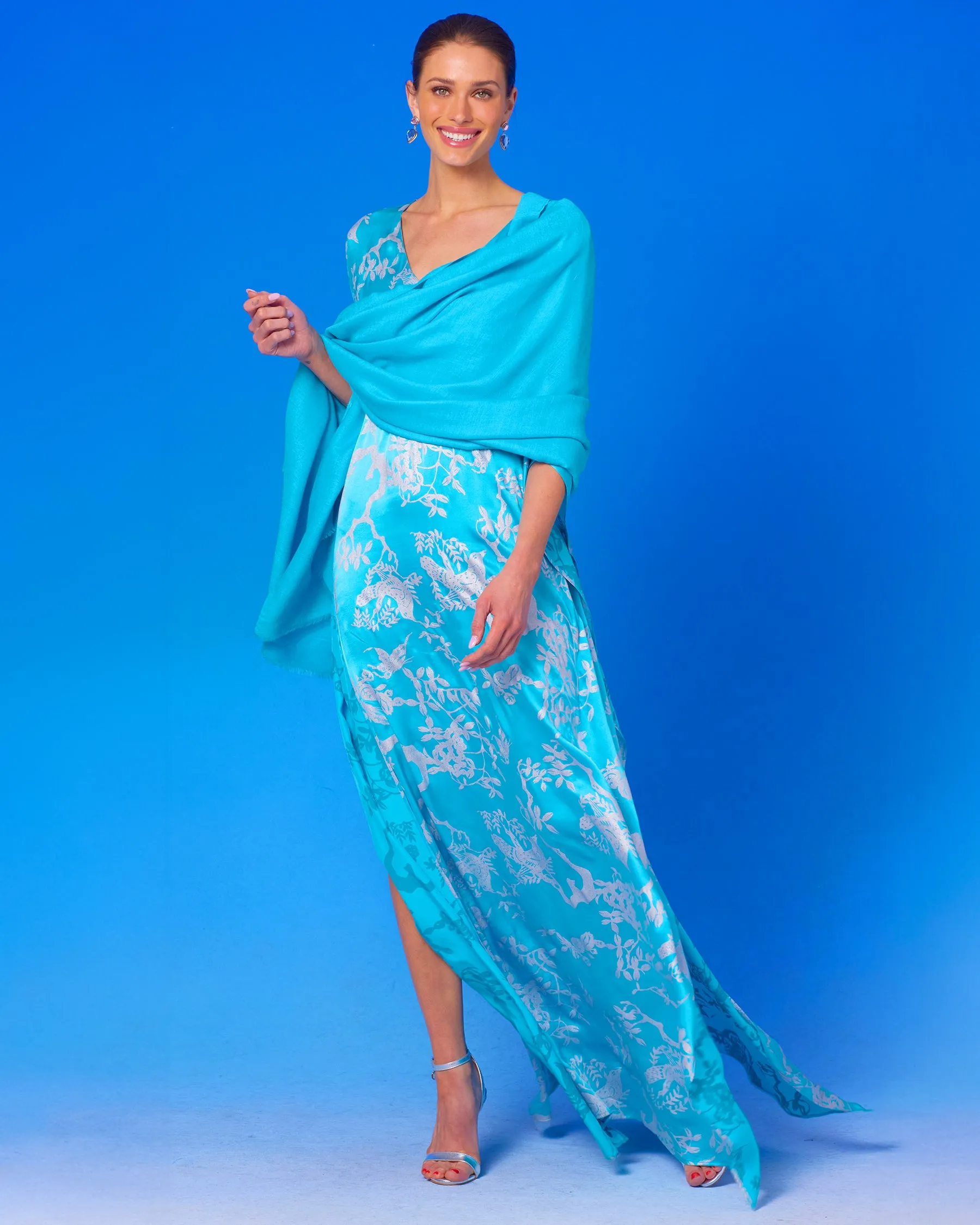 Ava Silk Kaftan in Turquoise and Silver Motif