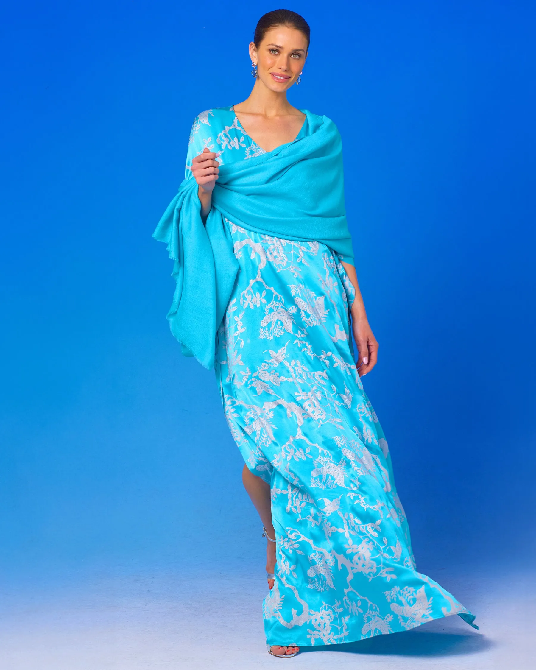 Ava Silk Kaftan in Turquoise and Silver Motif