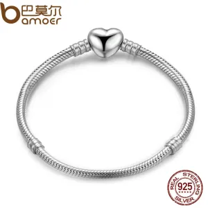 BAMOER Authentic 100% 925 Sterling Silver Snake Chain Moments Heart Bracelet & Bangle Luxury Silver Jewelry PAS917