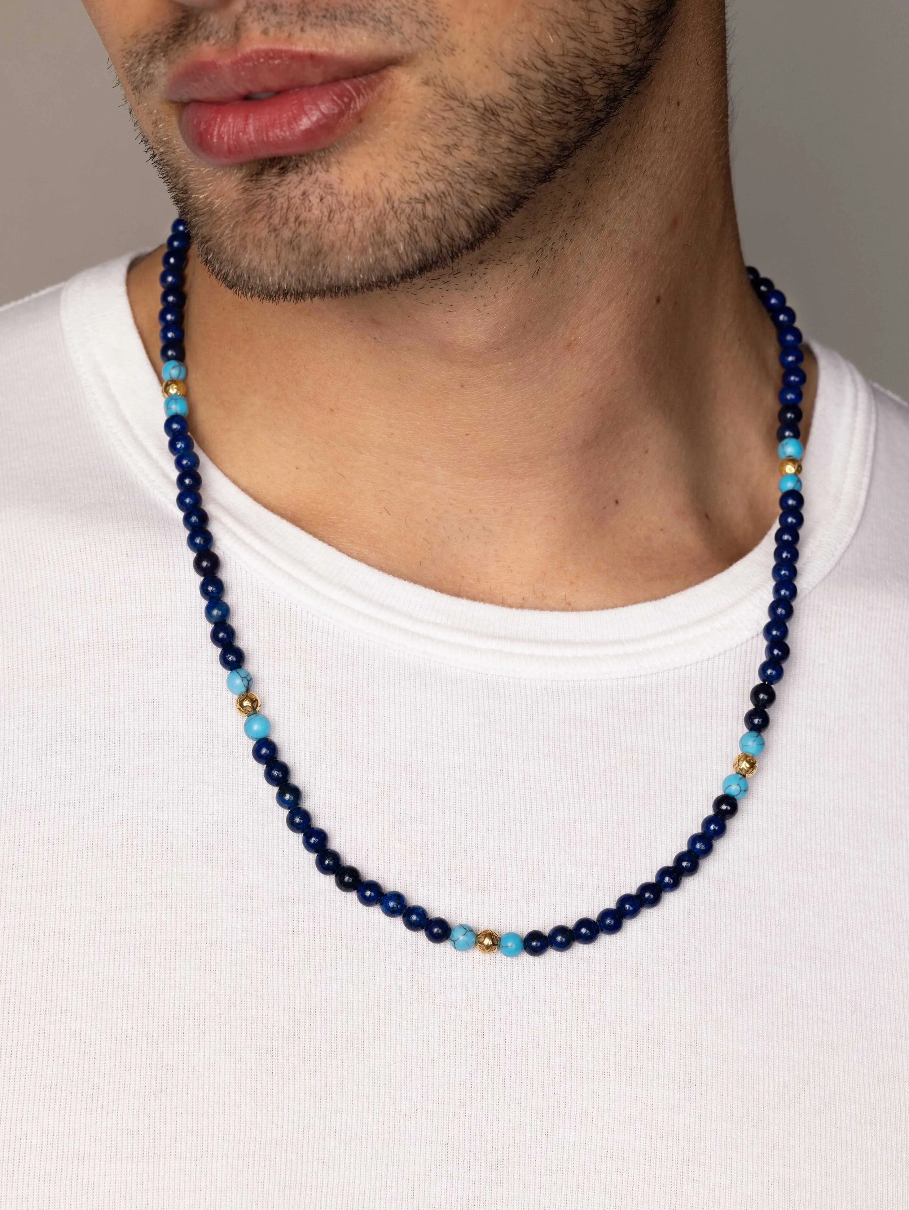 Beaded Necklace with Blue Lapis, Turquoise, and Gold