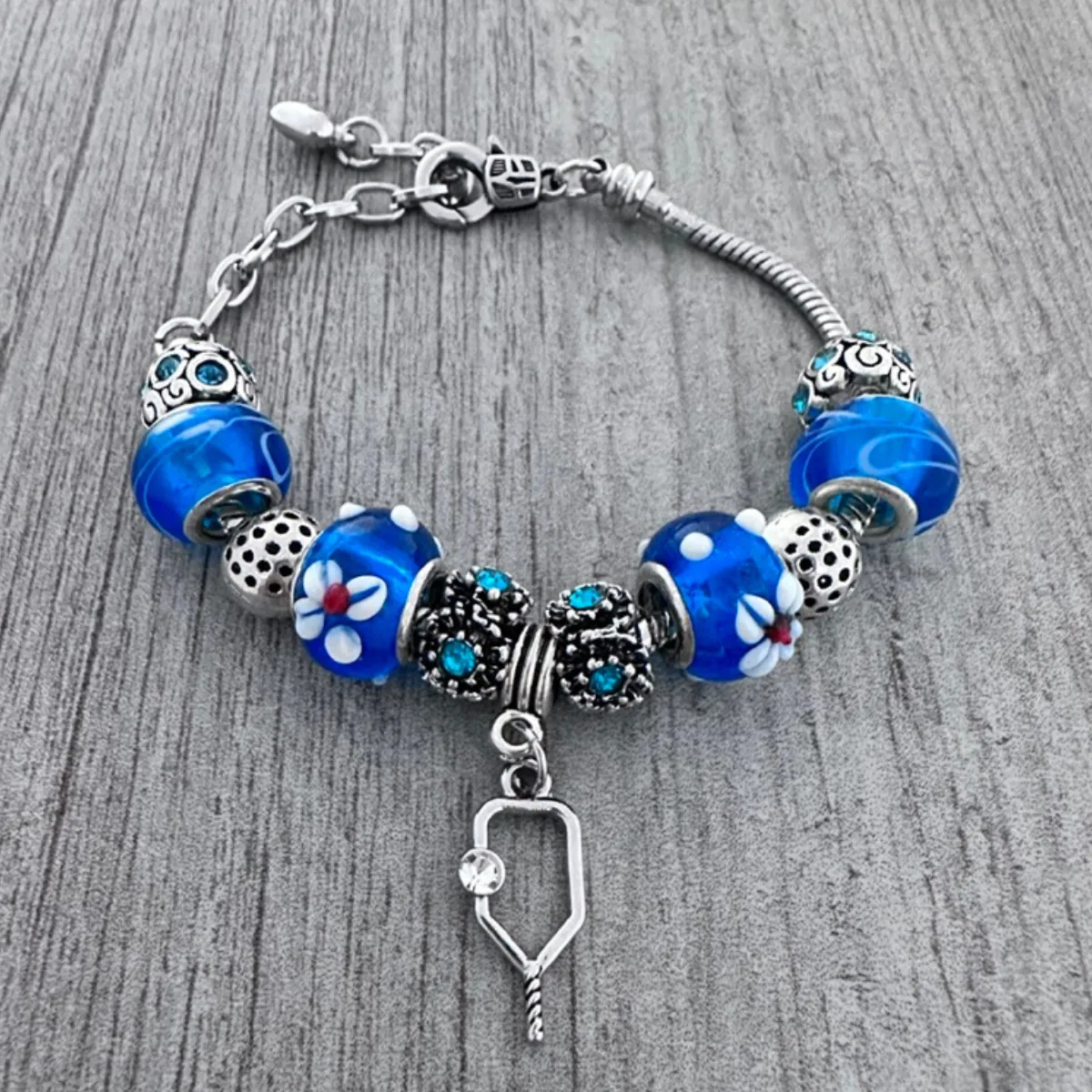 Blue Pickleball Charm Beaded Bracelet