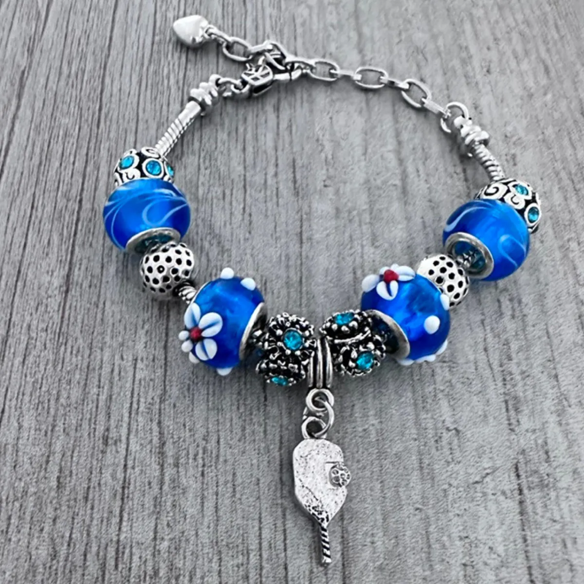 Blue Pickleball Charm Beaded Bracelet