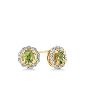 Bluebird™ Peridot & Diamond Halo Stud Earrings in 9ct Yellow Gold