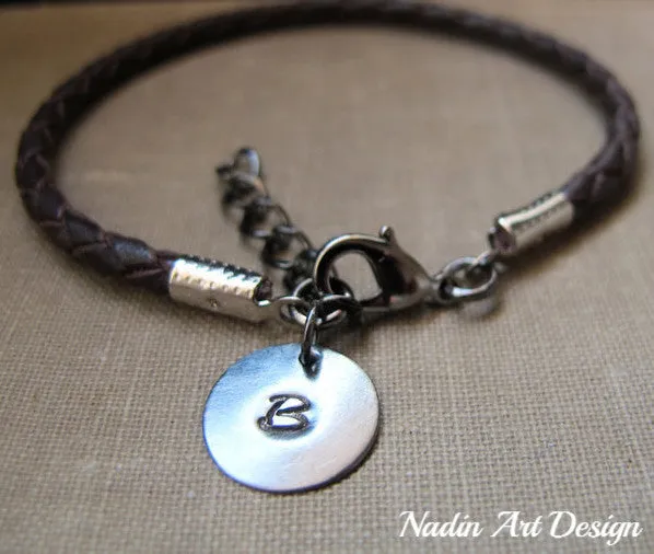 Braided Brown Leather Bracelet with Initial Disc