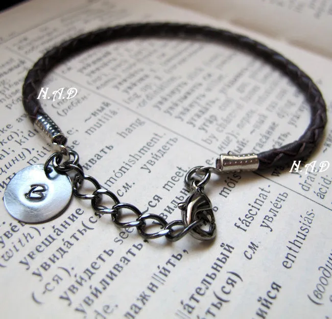 Braided Brown Leather Bracelet with Initial Disc