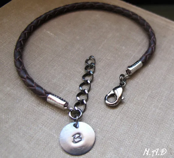 Braided Brown Leather Bracelet with Initial Disc