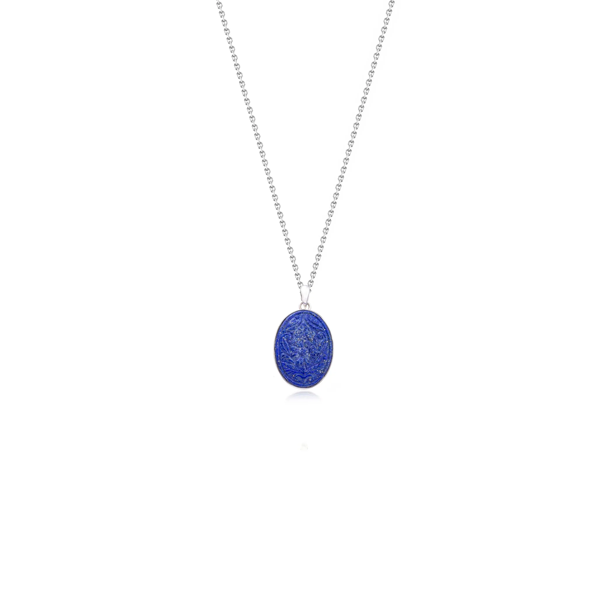 Carved Lapis Necklace, Sterling Silver