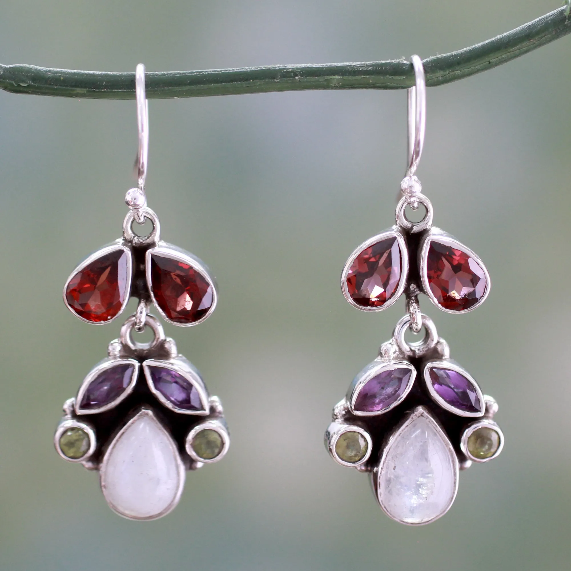 Garnet & Rainbow Moonstone Chandelier Earrings