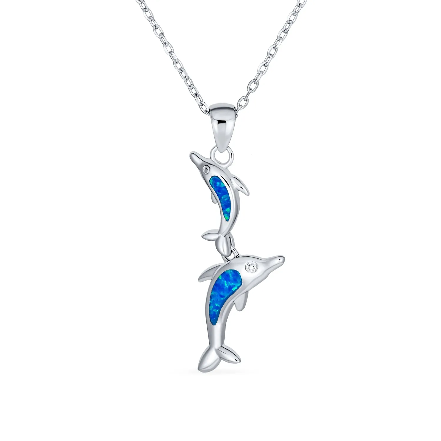 Gemstone Blue Opal Nautical Pendant Necklace with Dolphins in Sterling Silver